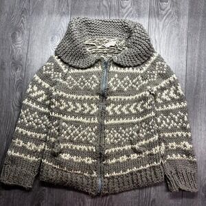 Vintage Hand Knit Chunky Zip Up Sweater Brown Cream Fair Isle Geometric